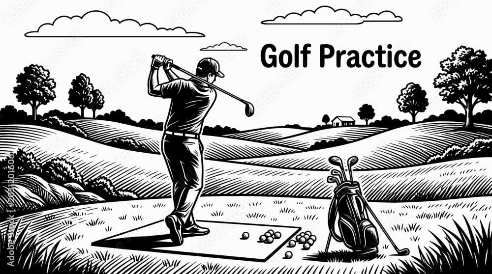 Obraz premium golfer practicing alone on a green course representing precision luxury sport and leisure lifestyle black and white vector sketch