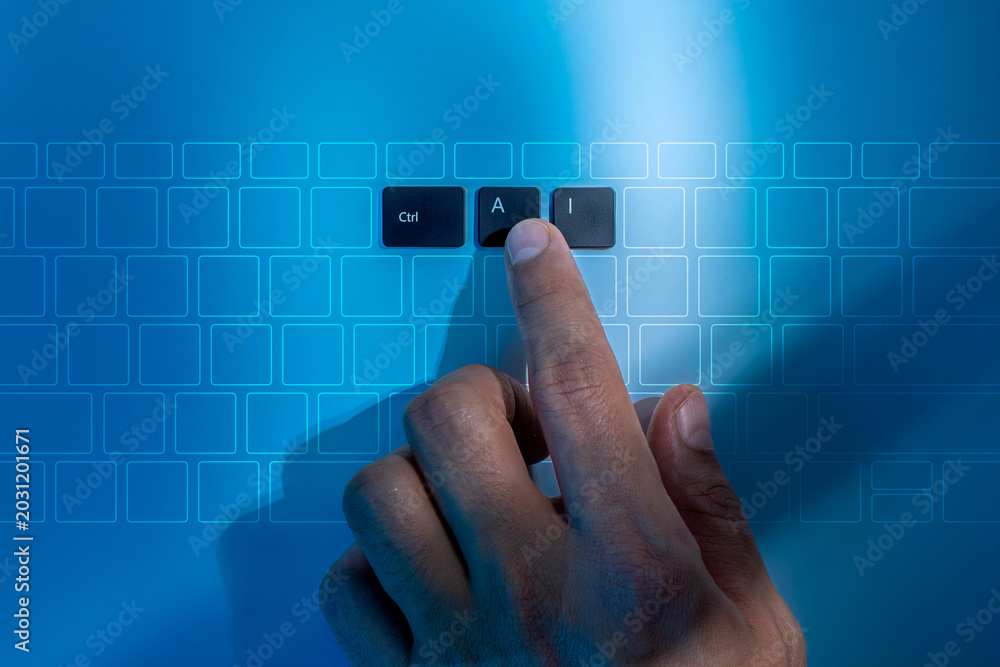 Ταπετσαρία Pressing an AI hotkey on a futuristic digital keyboard interface represents human interaction with AI generative prompts