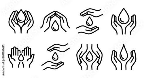 Tableau sur toile Water Drop Care Icons: Hands Protecting Liquid, Hydration, Purity, Health, Clean