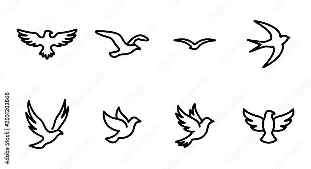 Fototapeta premium Minimalist Bird Silhouettes, Flying Icons Set, Simple Outline Avian Graphics