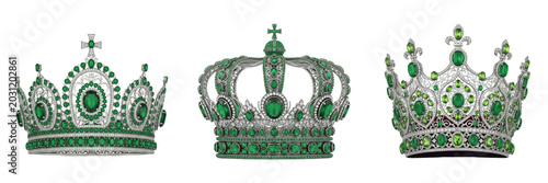 Foto Set and collection of majestic green silver royal crown with emerald jewels orna