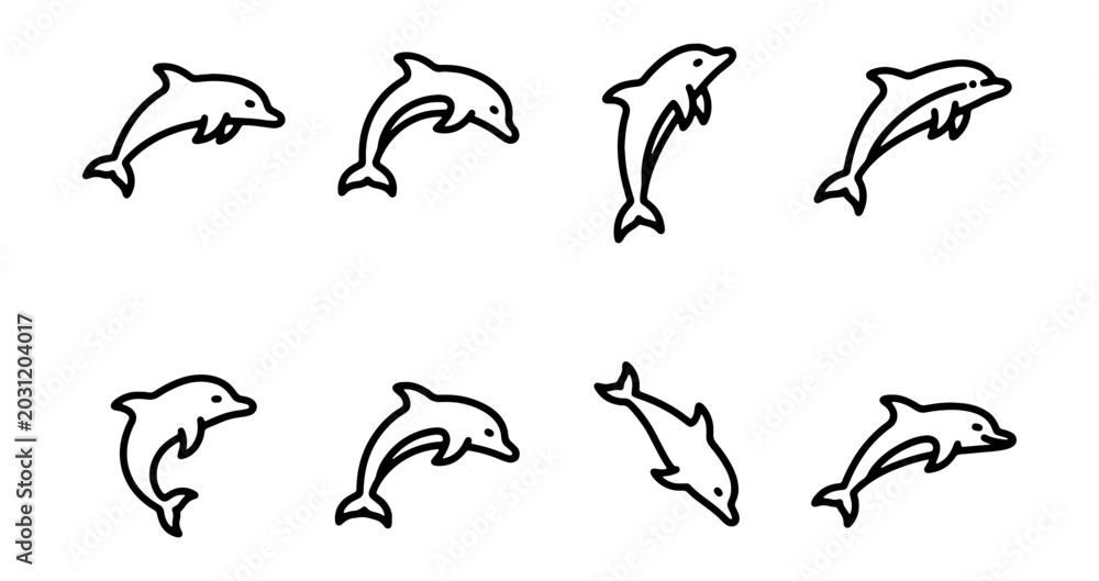 Fototapeta premium Dolphin Icons Set, Marine Mammal Vector Graphics, Ocean Wildlife Line Art Collection