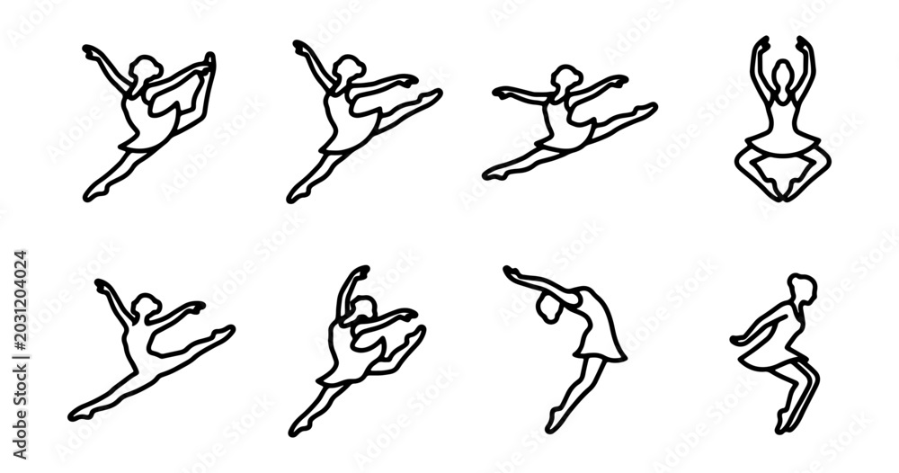Fototapeta premium Ballet Dancer Poses Vector Icons, Elegant Female Figure Dance Movements, Graceful Performance Art