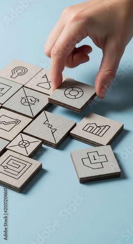 Hand Arranging Business Icon Tiles for Strategic Planning.