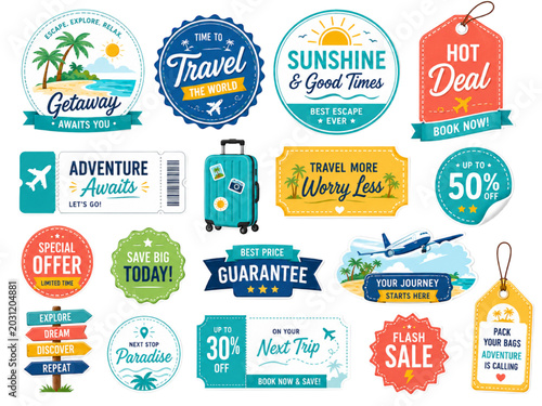 Travel Getaway Sticker Bundle with Vacation Quote Labels Adventure Tickets Discount Badges and Summer Sale Tags