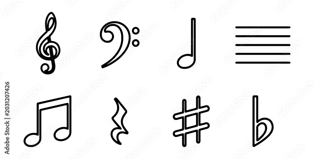 Fototapeta premium Music Notes & Symbols Vector Set: Treble, Bass Clef, Staff, Sharps, Flats
