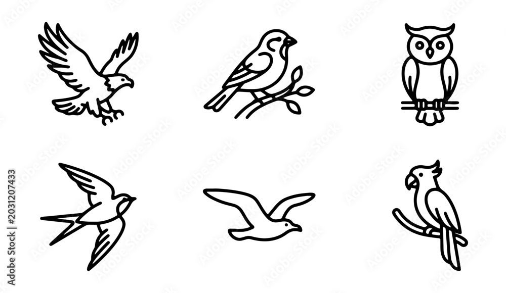 Fototapeta premium Minimalist Bird Icons Set, Vector Graphics Collection, Simple Ornithology Illustrations