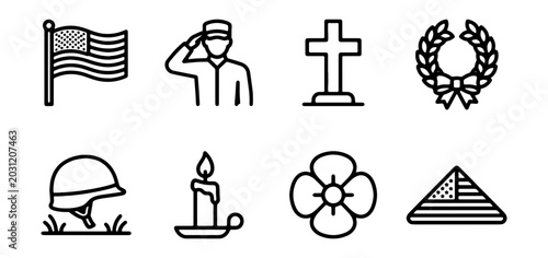 Tableau sur toile Patriotic Memorial Icons: Soldier, Flag, Cross, Poppy, Candle