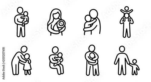 Family Icons Set: Parent Child Embrace, Love, Care, Connection