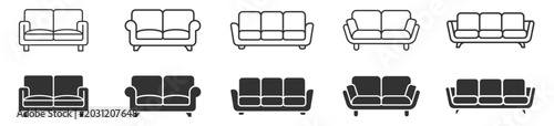 Foto collection of outlined and filled sofa icons with various seat counts and armres