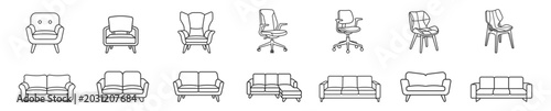 Schilderij op canvas outline icons of various chairs and sofas furniture set on transparent backgroun