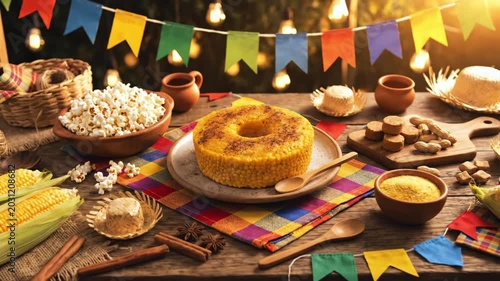 Traditional Brazilian corn cake served on a rustic Festa Junina table with festive decorations, warm countryside atmosphere and authentic São João celebration in cinematic 4K