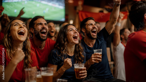 Friends celebrating soccer match in sports bar