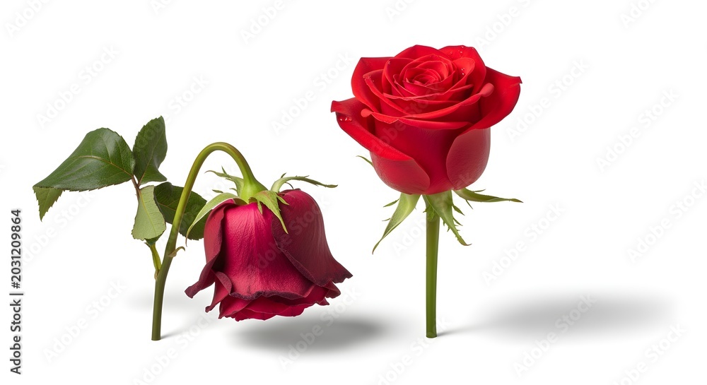 Fototapeta premium A wilting flower next to a fresh, blooming one, on a white background.
