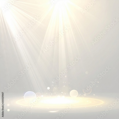 Bright, glowing spotlight beams illuminate a reflective surface with soft light flares