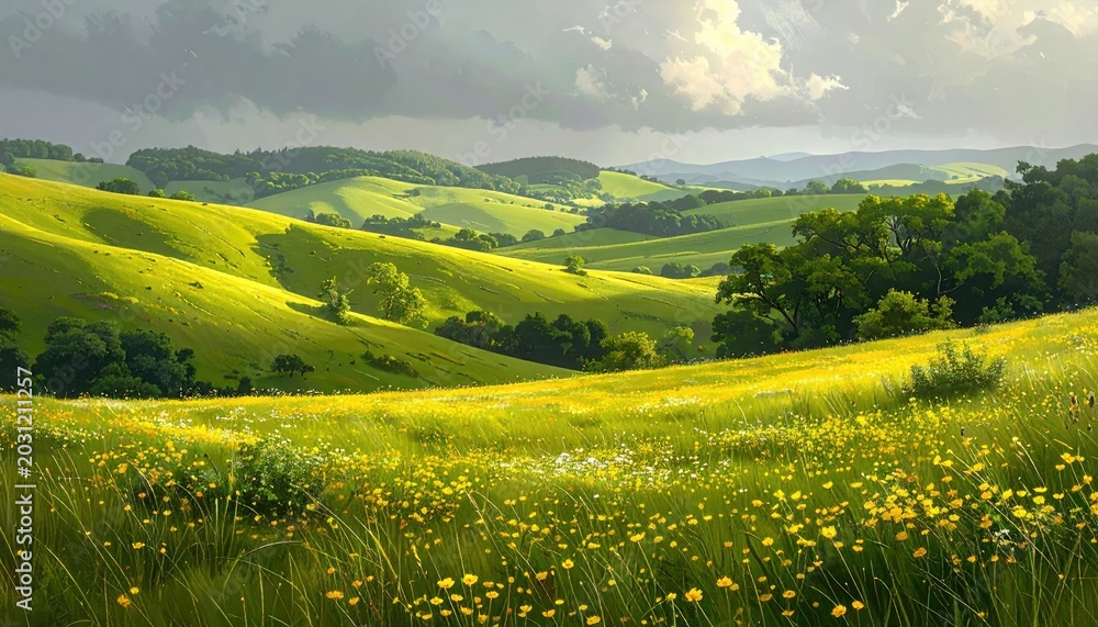 Fototapeta premium Rolling green hills bathed in sunlight, dotted with wildflowers under a dramatic sky