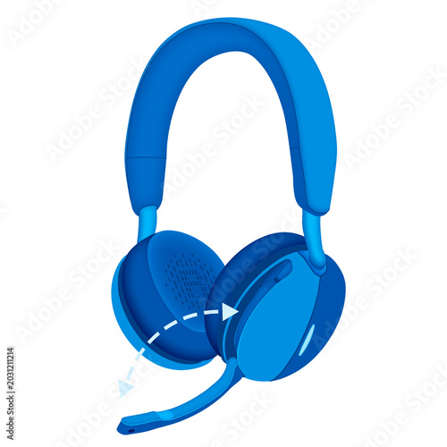 Fotografi Blue wireless over-ear headset with swivel boom microphone and motion graphic, 3