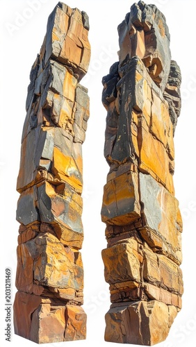 Tall, segmented rock formations with layered, textured surfaces and warm hues