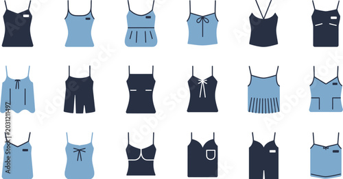 Schilderij op canvas set of women’s tops icons in blue and navy colors including camisoles tank tops and bras fashion apparel vector illustration collection