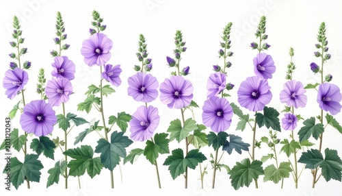 Delicate purple flowers bloom on tall, slender stems with lush green leaves