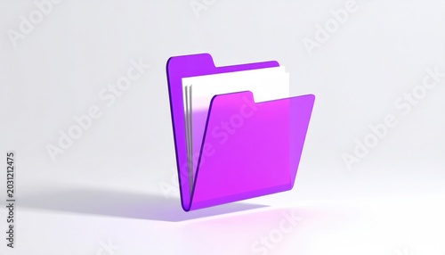 Bright purple folder with white paper sheets, on a light grey background