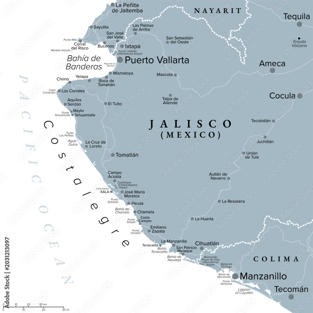 Fototapeta premium Costalegre, a part of the western coast of Mexico, gray political map. Beaches, capes and bays alongside the Pacific, between Puerto Vallarta, state of Jalisco, and Manzanillo, state of Colima. Vector