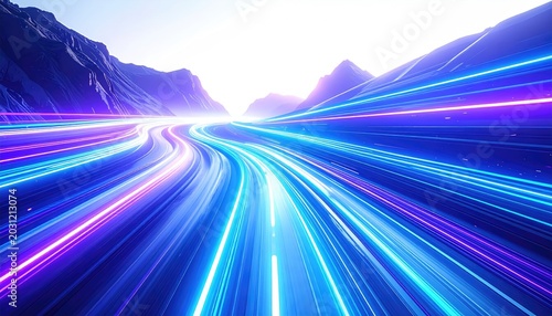 Vibrant light trails streak across a futuristic highway at dawn