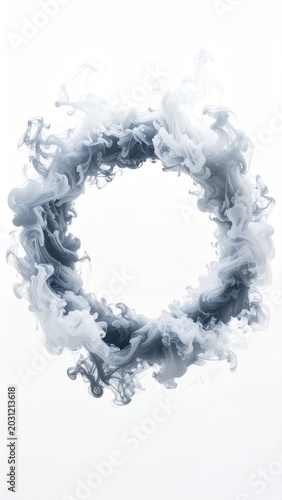 Wispy, ethereal grey smoke forms a circular, abstract shape on white