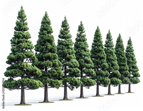 A row of tall, green coniferous trees with full foliage on a white background
