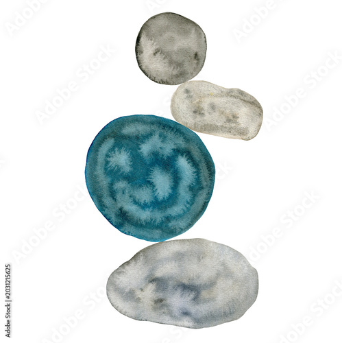 Abstract gray and blue watercolor painting composition with balance stone round shapes. Contemporary illustration with zen rock pebbles for poster, banner, greeting cards, paint print