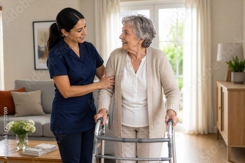 Caregiver assisting senior woman with walker at home