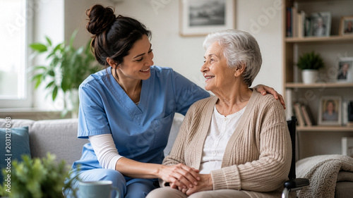 Female caregiver comforting senior woman at home during elderly care visit