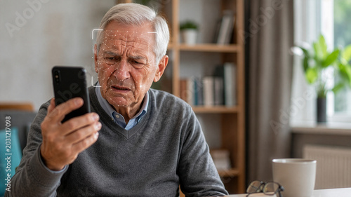 Senior man struggling with facial recognition on smartphone