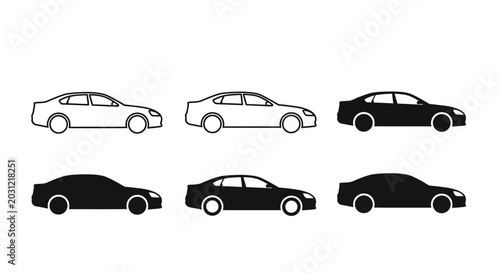 Modern sedan car designs featuring crisp outlines and solid silhouettes, perfect for automotive graphic projects, transportation illustrations, and modern vehicle concepts