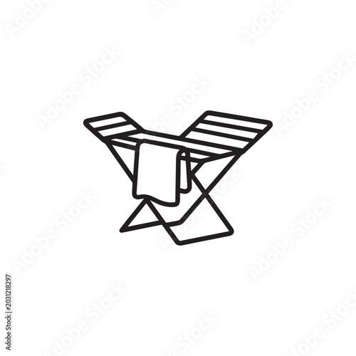 Minimalist clothes drying rack icon, folding laundry airer vector illustration, black line art of household wash stand