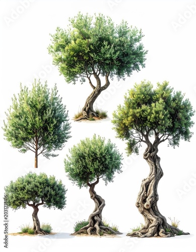 Five diverse, mature trees with textured trunks and full green foliage