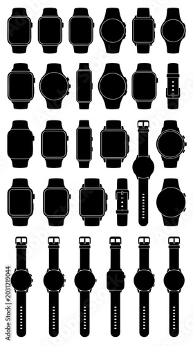 Collection of modern smartwatch faces in various digital and analog designs on white background