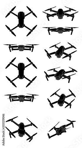 Drone icons set, black silhouettes, various angles, nobody, white background