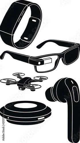 Collection of vintage and modern tech gadgets arranged on dark background with minimalist style