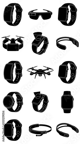 Tech objects icons set, black silhouettes on white background
