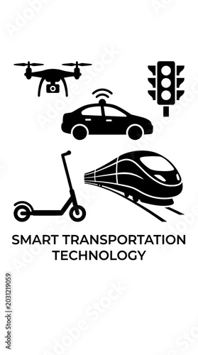 Smart transportation technology icons with drone, car, train and scooter
