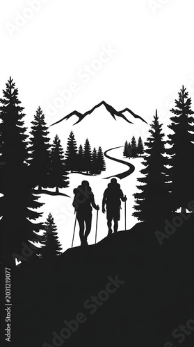 Two hikers walking with ski poles on snowy mountain trail in winter forest at sunrise