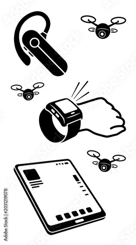 Smartwatch controlling smartphone and drones with earpiece, tech objects