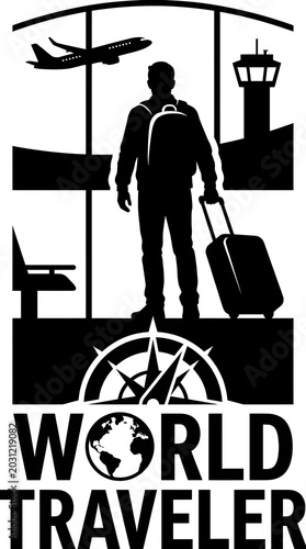 Silhouette of World Traveler with Luggage and Travel Icons in Flat Design Style