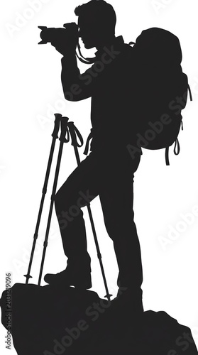 Silhouette of Hiker with Trekking Poles on Mountain Peak at Sunset