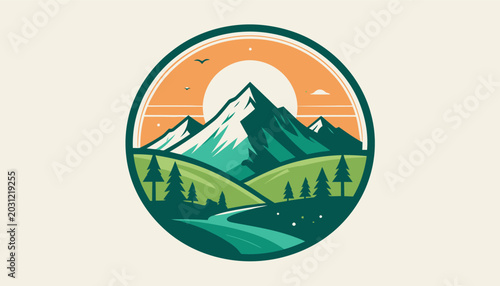 Scenic mountain landscape badge with forest and river.