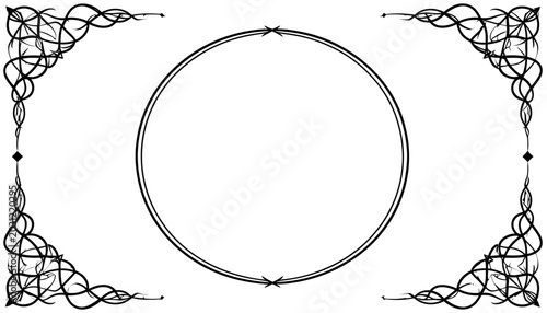Black filigree circular frame with decorative corners