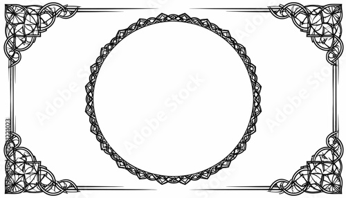 Decorative rectangular frame with circular center and corner flourishes.