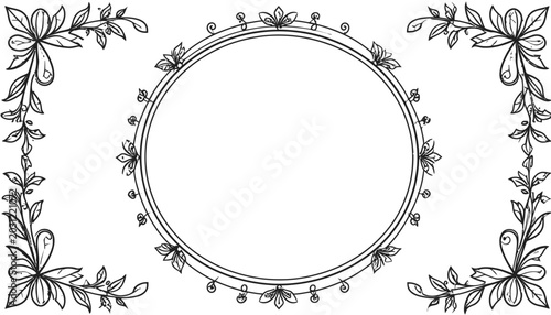 Delicate hand-drawn floral circular frame with corner leaves.