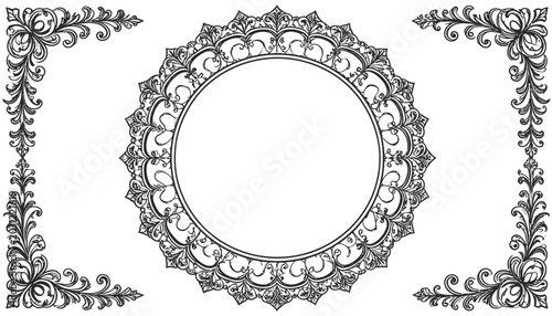 Intricate black circular vintage frame with floral corner flourishes.